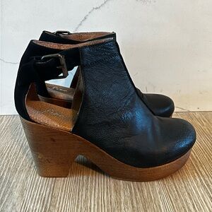 Free People Black Leather Wedge/ Mules with Wooden Heel